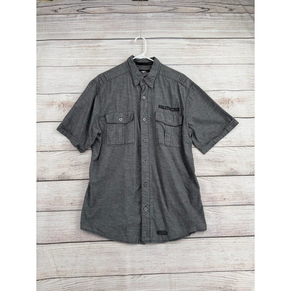 Harley-Davidson Button Down Shirt Mens L Gray Cotton Linen Short Sleeve